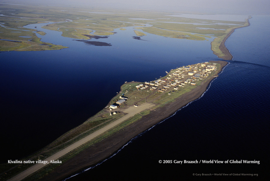 Native Inupiat village of Kivalina, on the Bering Sea in NW Alaska, is one of several hundred villages threatened by rising sea level and permafrost thaw.