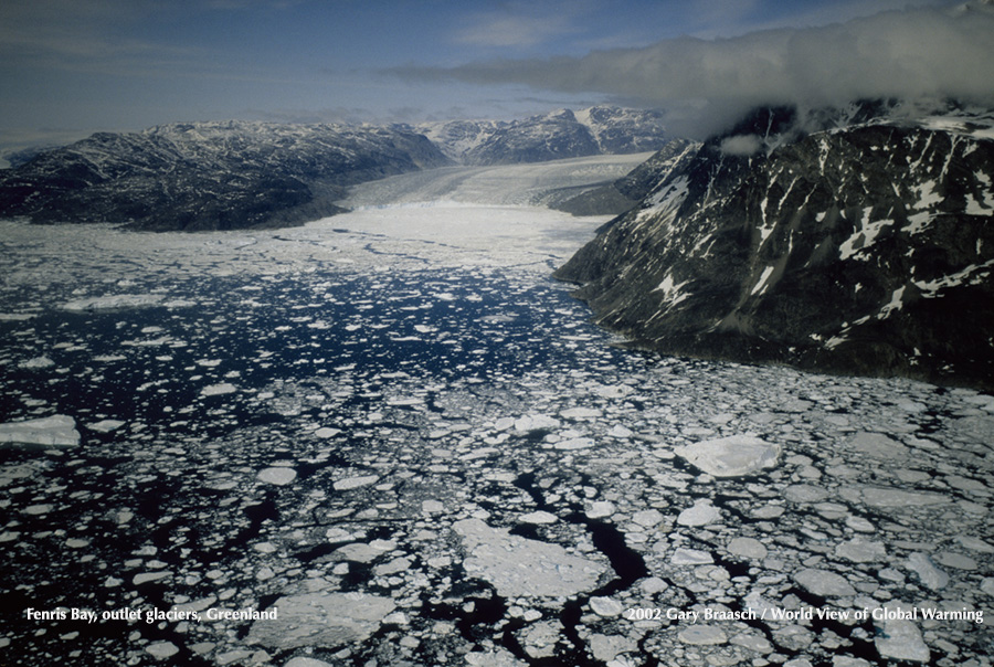 Bay Ice-choked Fenris Bay from faster discharge of glaciers 65 Degrees North, East Greenland. See Glaciers.