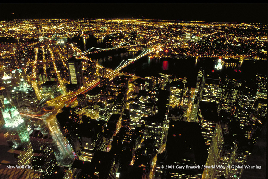 Cities Communities climate. New York City night. Energy electricity use