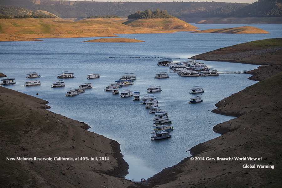 Houseboats crowd together in a shrinking arm of New Melones reservoir on the Stanislaus River, California’s fourth largest empoundment. Water is used primarily for irrigation, some hydropower and recreation. May 2014.