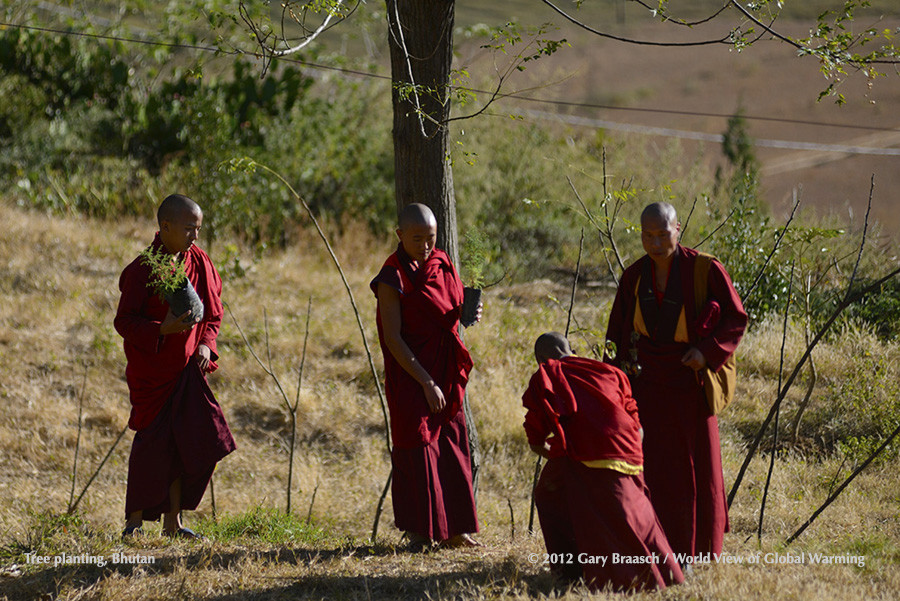 Bhutanese monk trainees planting trees at old temple near Punakha. See Himalaya section of website for more of this coverage.